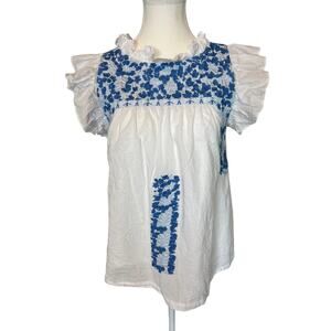j. marie | White/Blue Embroidered Floral Ruffle Sleeve Peasant Top | SM